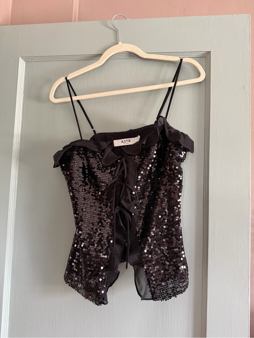 Astr The Label Black Sequin Spaghetti Strap Tank Top